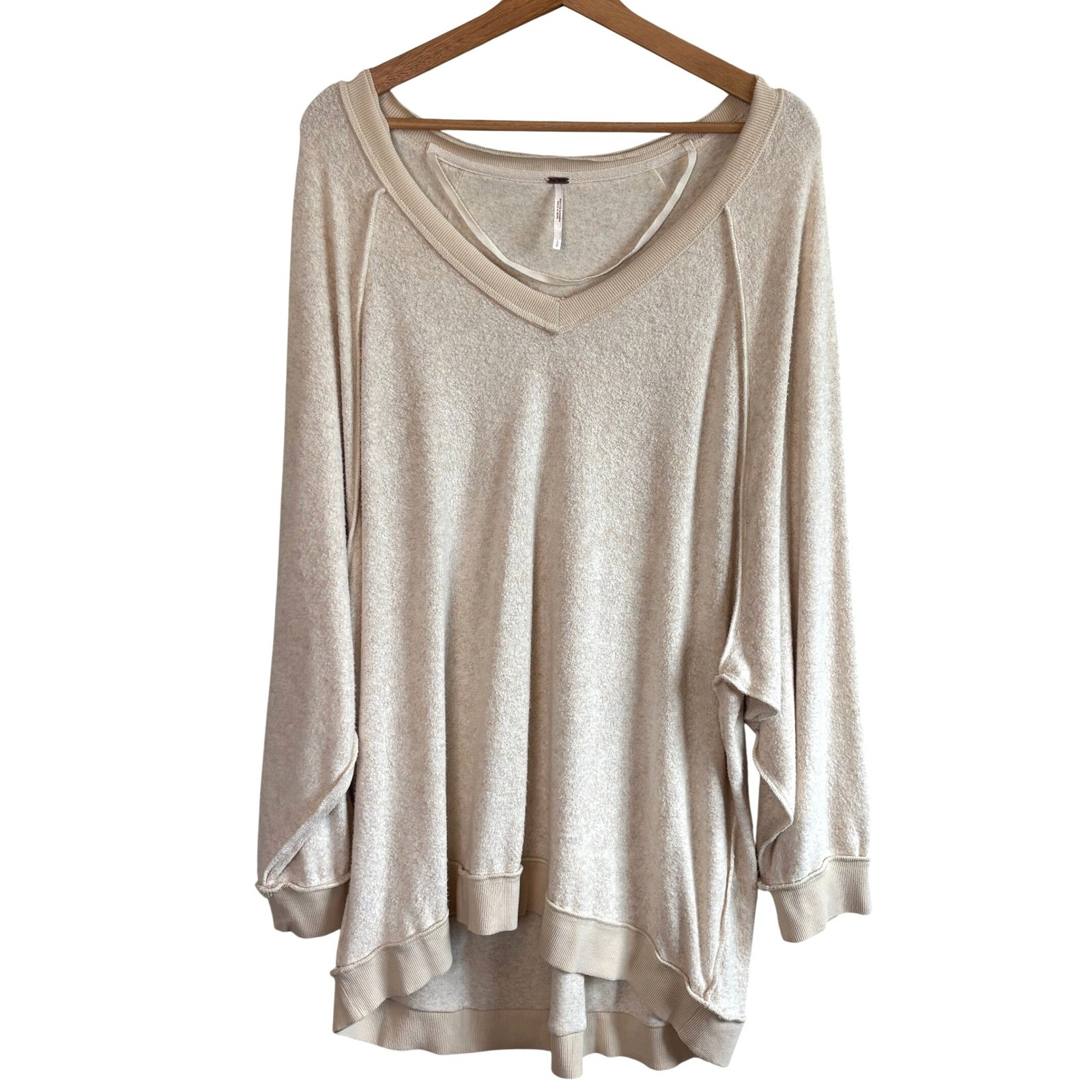 Free People Tunic Sweatshirt Oatmeal Beige Oversized V-Neck Dolman Slouchy Boho